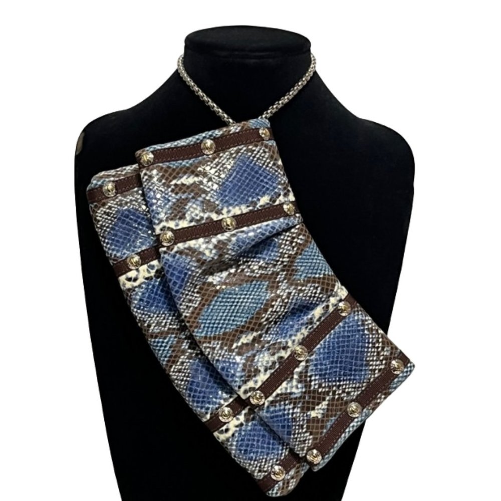 Rare HENRI BENDEL Blue & Brown Snakeskin Fold-over Clutch/Wristlet